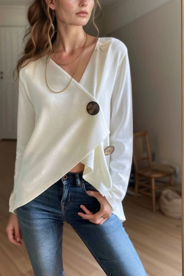 Ekru Şal Yaka Asimetrik Kesim Düğmeli Salaş Hırka BCBSK-25700-3328