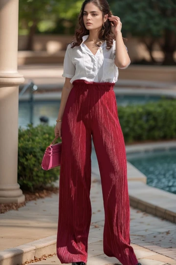 Fuşya Kendinden Dokulu Beli Lastikli Bol Paça Salaş Pantolon BCBSK-25700-3578