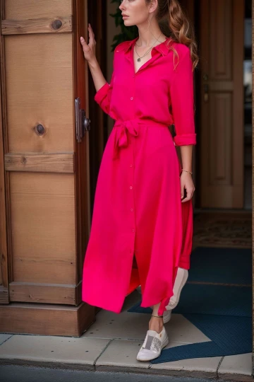 Fuşya Kendinden Kuşaklı Uzun Gömlek Elbise BCBSK-25700-T4011-1490