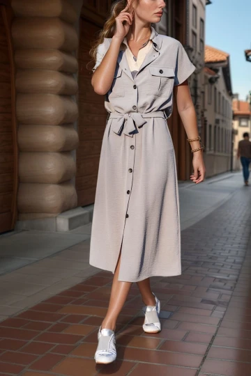 Gri Cepli Kemerli Safari Airobin Elbise BCBSK-25700-K4045