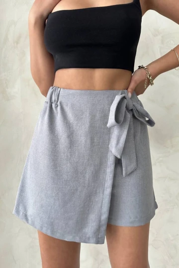 Gri Fiyonklu Önü Parçalı Dokuma Şort Etek BCHN-25255021