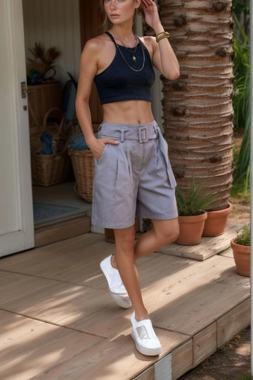 Gri Keten Kendinden Kemerli Piliseli Salaş Şort BCBSK-25700-SS-7094