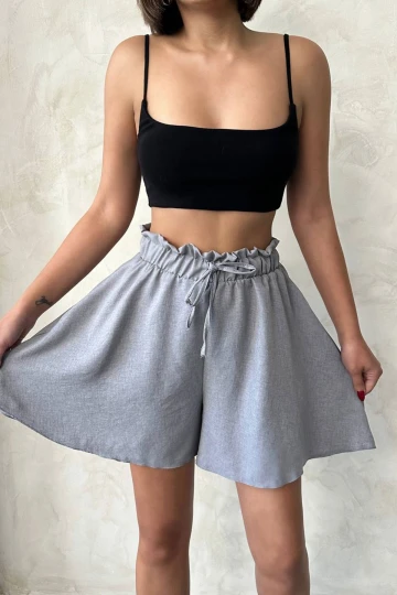 Gri Volanlı Rahat Kalıp Beli Lastikli Keten Şort BCHN-25255058