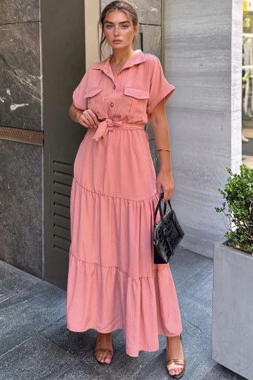 Gül Kurusu Yarım Patlı Eteği Piliseli Kendinden Kemerli Salaş Elbise BCBSK-25700-3336