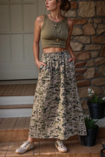 Haki Bej Kamuflaj Kendinden Desenli Gabardin Çift Cep Beli Lastikli Uzun Etek BCBSK-25700-3553