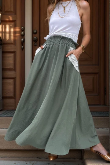 Haki Cebi Hasır Detaylı Beli Lastikli Salaş Etek BCBSK-25700-3389