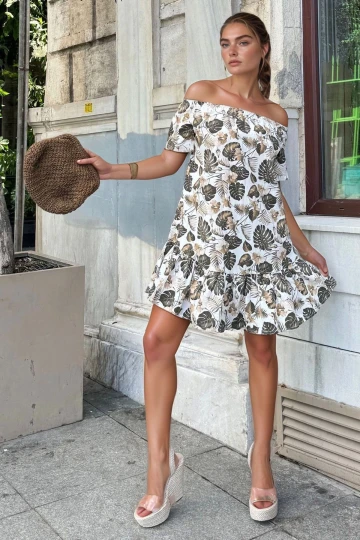 Haki Madonna Yaka Eteği Volanlı Cepli Desenli Salaş Elbise BCBSK-25700-3633