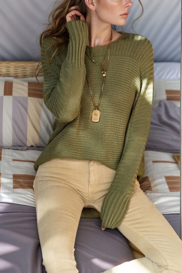 Haki Yarasa Kol Selanik Örgü Triko Kazak BCBSK-25700-GK-CCK1114