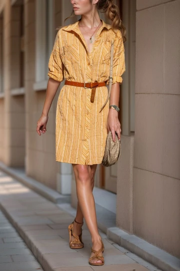 Hardal Çift Cep Çizgili Gömlek Elbise BCBSK-25700-2916