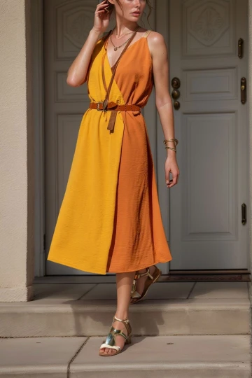 Hardal Hasır Askılı Kruvaze Color Block Airobin Elbise BCBSK-25700-2922