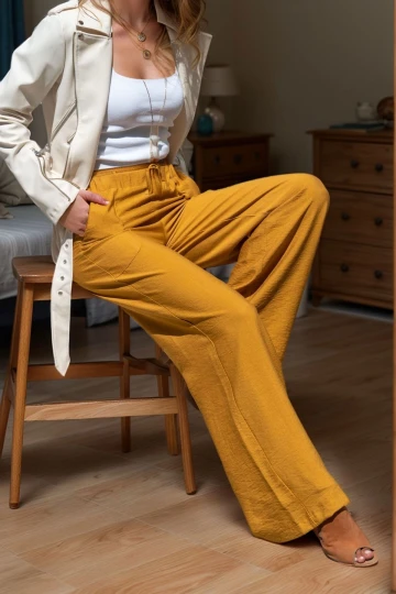 Hardal Keten Beli Lastikli Salaş Pantolon BCBSK-25700-2933