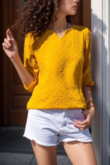 Hardal Ponpon Yakası Yırtmaçlı Krep Bluz BCBSK-25700-2842