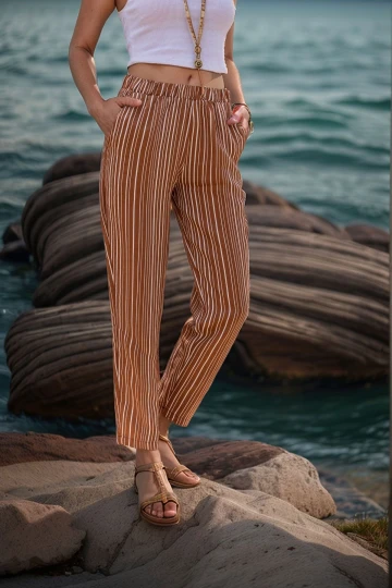 Kahve Duble Paça Çizgili Dokulu Pantolon BCBSK-25700-3277