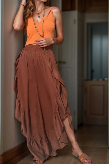 Kahve Yanı Fırfırlı Yırtmaçlı Beli Lastikli Belmando Salaş Şalvar Pantolon BCBSK-25700-3635