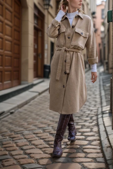 Karamel Kendinden Kemerli Çift Cepli Düğmeli Kaban BCBSK-25700-3280