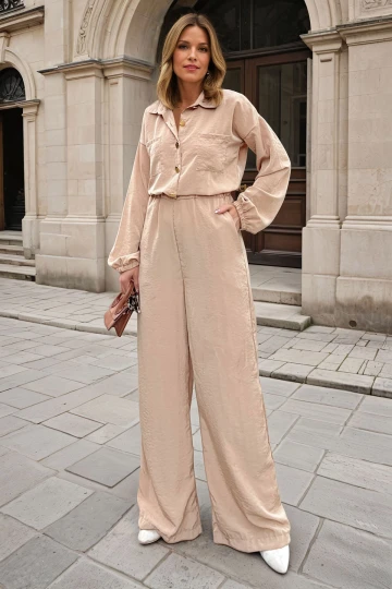 Karamel Yarım Patlı Beli Lastikli Bol Paça Cepli Salaş Tulum BCBSK-25700-3360