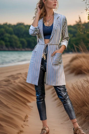 Kiremit Çizgili Uzun Boyfriend Ceket BCBSK-25700-3272