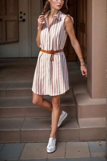 Kiremit Keten Görünümlü Kendinden Desenli Kolsuz Gömlek Elbise BCBSK-25700-3583