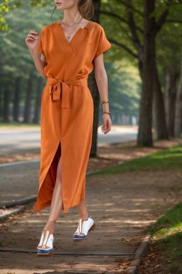 Kiremit Keten Önden Yırtmaçlı Kendinden Kemerli Uzun Elbise BCBSK-25700-3221