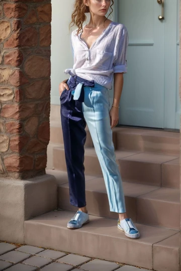 Lacivert Color Block Kemerli Parlak Pantolon BCBSK-25700-3133