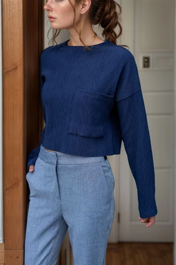 Lacivert Kendinden Dokulu Cepli Crop Salaş Sweatshirt BCBSK-25700-3321