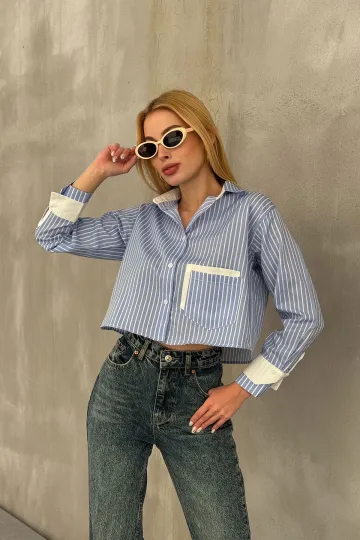 Mavi-Beyaz Manşet Ve Cepleri Garnili Çizgili Oversize Crop Dokuma Gömlek