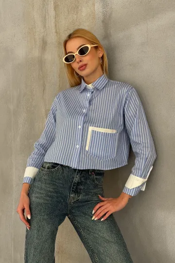 Mavi-Beyaz Manşet Ve Cepleri Garnili Çizgili Oversize Crop Dokuma Gömlek