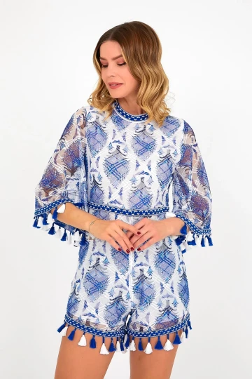 Mavi Dik Yaka Sırt Dekolteli İçi Astarlı Püskül Detaylı Tül Tulum BCVL-251000TLM