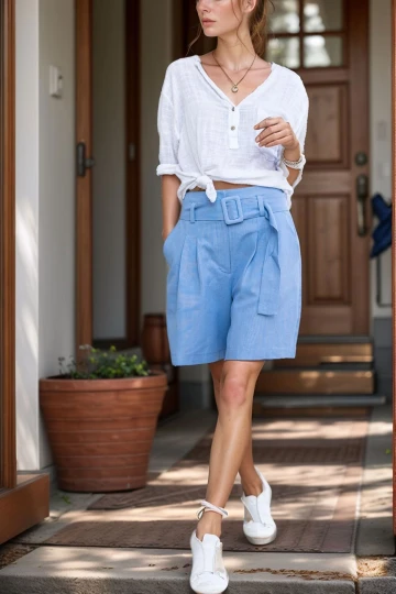 Mavi Keten Kendinden Kemerli Piliseli Salaş Şort BCBSK-25700-SS-7094