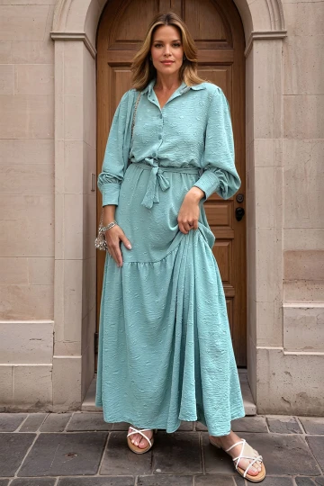 Mint Beli Bağlamalı Uzun Elbise BCBSK-25700-3550