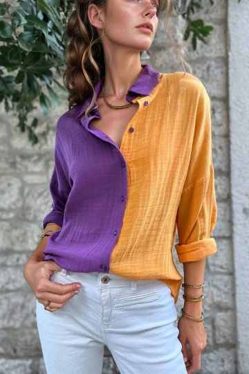 Mor Müslin Color Block Salaş Gömlek BCBSK-25700-3458