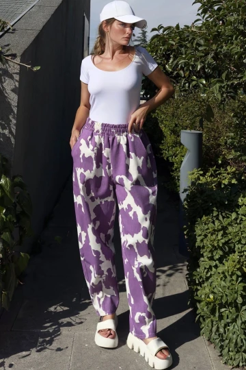 Mor Yüksek Bel Beli Lastikli Pantolon BCBSK-25700-3548