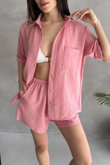 Pembe Aerobin Keten Kısa Kol Gömlek Ve Şort Alt Üst Takım BCDF-253608