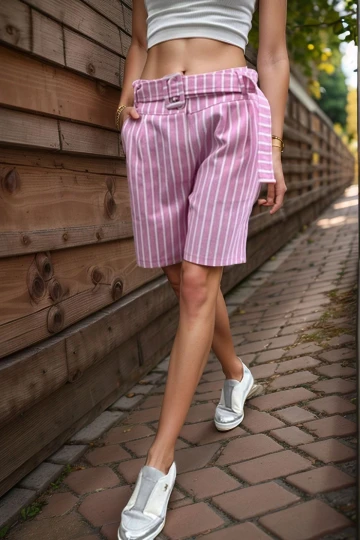 Pembe Kendinden Kemerli Cepli Piliseli Gabardin Şort BCBSK-25700-3562