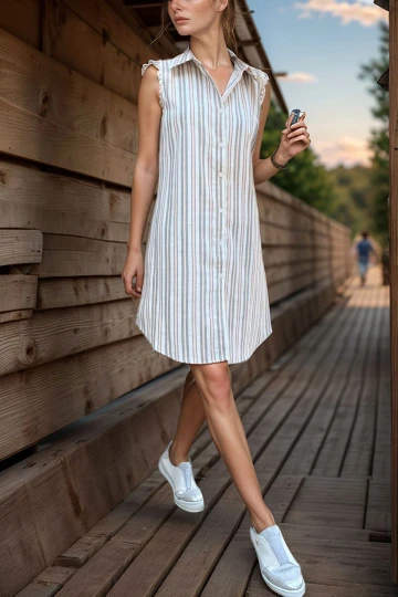 Pembe Keten Görünümlü Kendinden Desenli Kolsuz Gömlek Elbise BCBSK-25700-3583