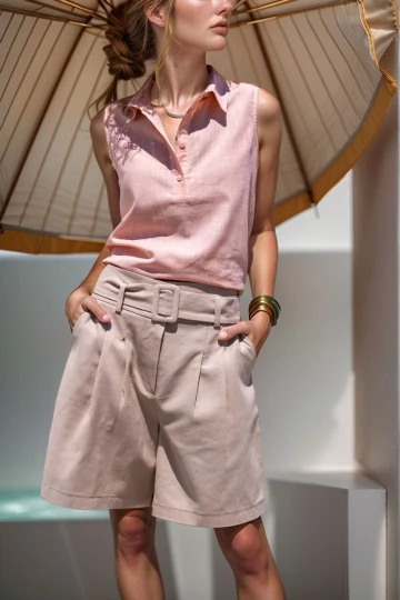 Pudra Keten Yarım Patlı Kolsuz Gömlek BCBSK-25700-SS22-7158