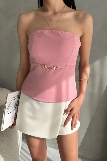 Pudra Straplez Fitted İnce Süs Kemer Detaylı Dokuma Bluz  BCDF-252189