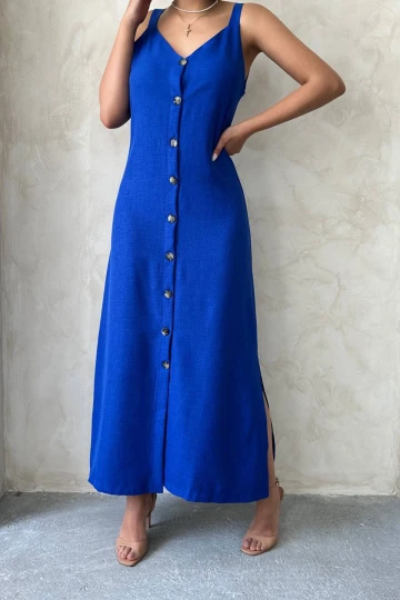 Saks Askılı Yırtmaç Detaylı Maxi Boy Dokuma Gömlek Elbise BCHN-25255044