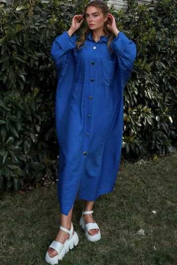 Saks Keten Yarasa Kol Salaş Cepli Gömlek Elbise BCBSK-25700-3282