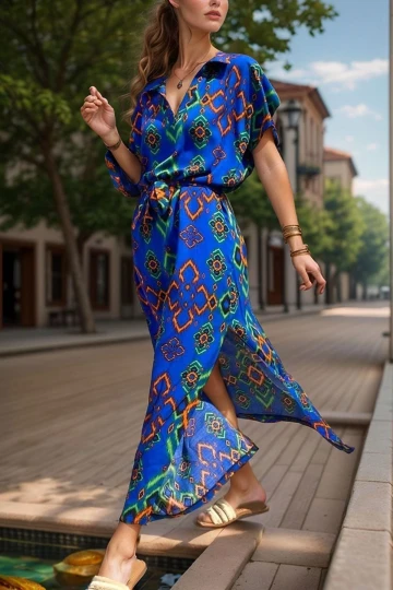 Saks V Yaka Yarım Kol Yırtmaçlı Maxi Desenli Elbise BCBSK-25700-3649