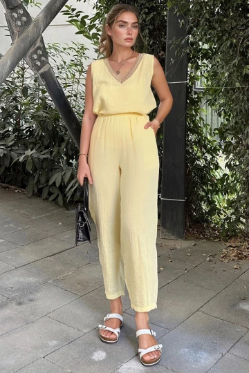 Sarı Müslin Beli Lastikli Cepli Salaş Pantolon BCBSK-25700-3416