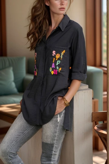 Siyah Cepleri Nakışlı Oversize Rahat Kesim Gömlek BCBSK-25700-K6111