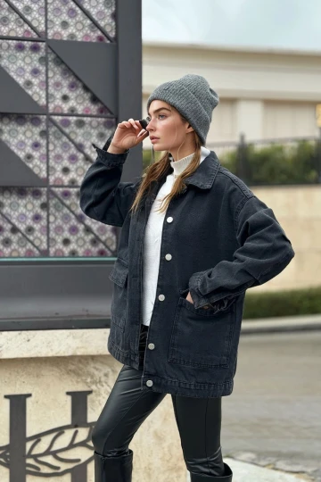 Siyah Cepli Oversıze Crop Denım Ceket BCBSK-25700-KT001