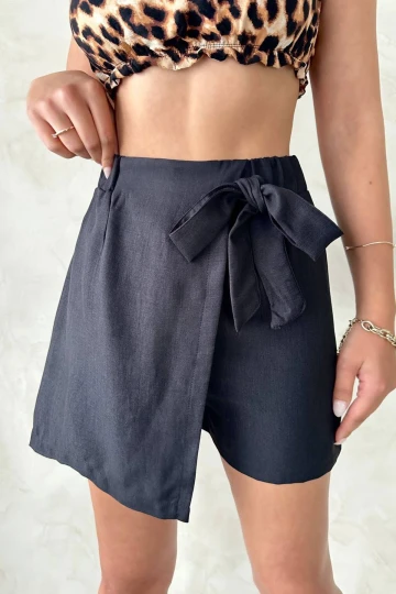 Siyah Fiyonklu Önü Parçalı Dokuma Şort Etek BCHN-25255021