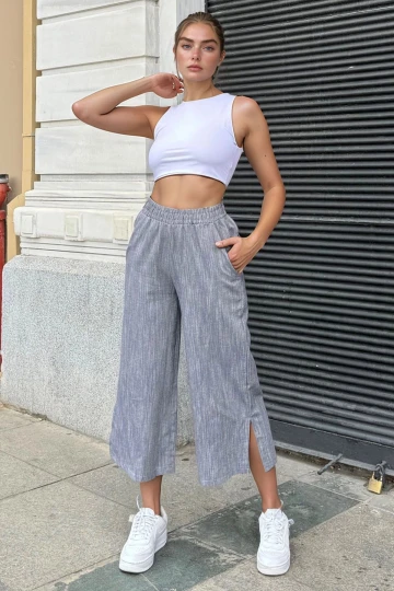 Siyah Keten Beli Lastikli Cepli Paçası Yırtmaçlı Salaş Kapri Pantolon BCBSK-25700-3404