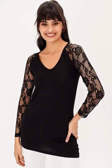 Siyah Kolları Dantelli Kayık Yaka Bluz BCBSK-25700-T4006-1840