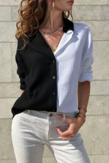 Siyah Müslin Color Block Salaş Gömlek BCBSK-25700-3458