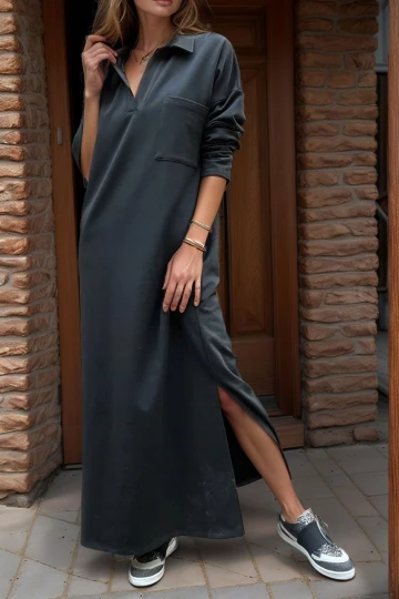 Siyah Polo Yaka Yanı Yırtmaçlı Tek Cep Uzun Salaş Elbise BCBSK-25700-3463