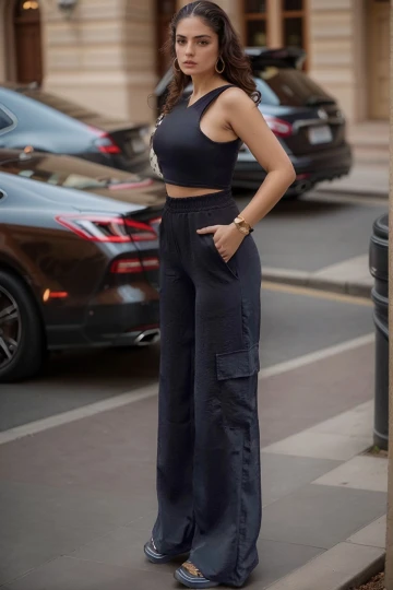 Siyah Yanı Cepli Beli Lastikli Bol Paça Salaş Pantolon BCBSK-25700-3600