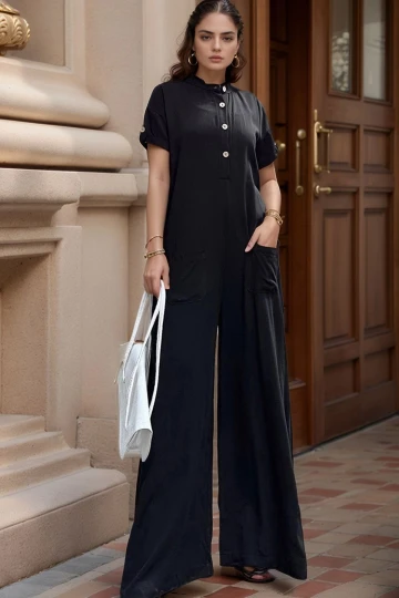 Siyah Yarım Patlı Cepli Düşük Ağlı Bol Kesim Salaş Tulum BCBSK-25700-3577